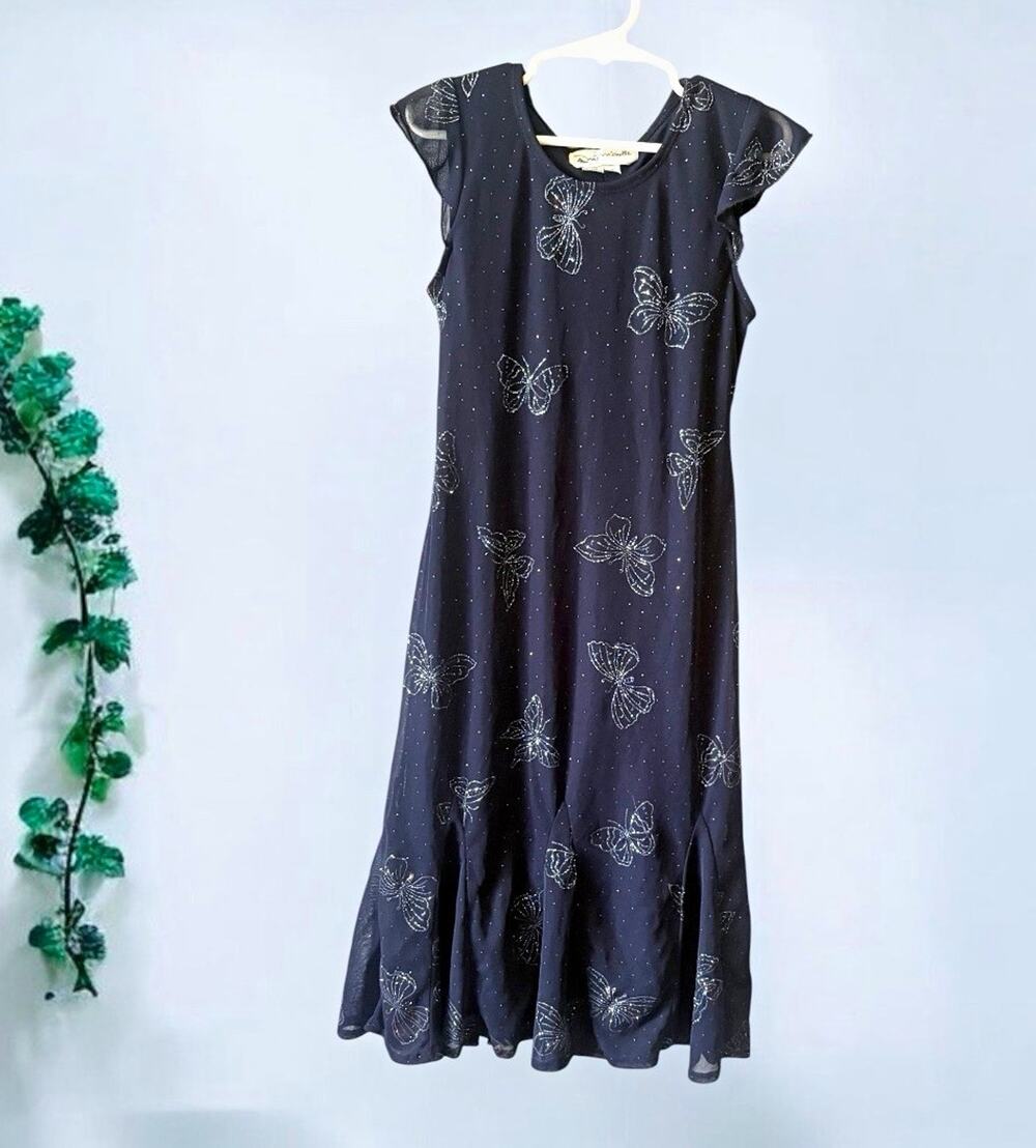 My Michelle Girls Navy Butterfly A-Line Dress, Sleeveless Glitter, 7